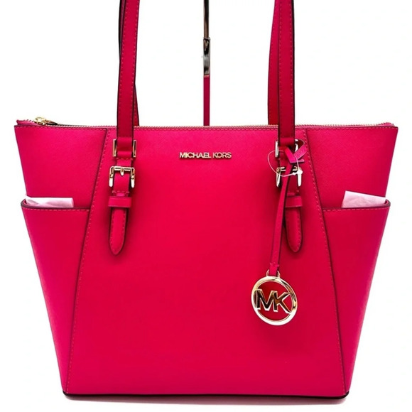 Michael Kors Large Charlotte Tote Bag Luggage Leather Electric Pink - Picture 2 of 12